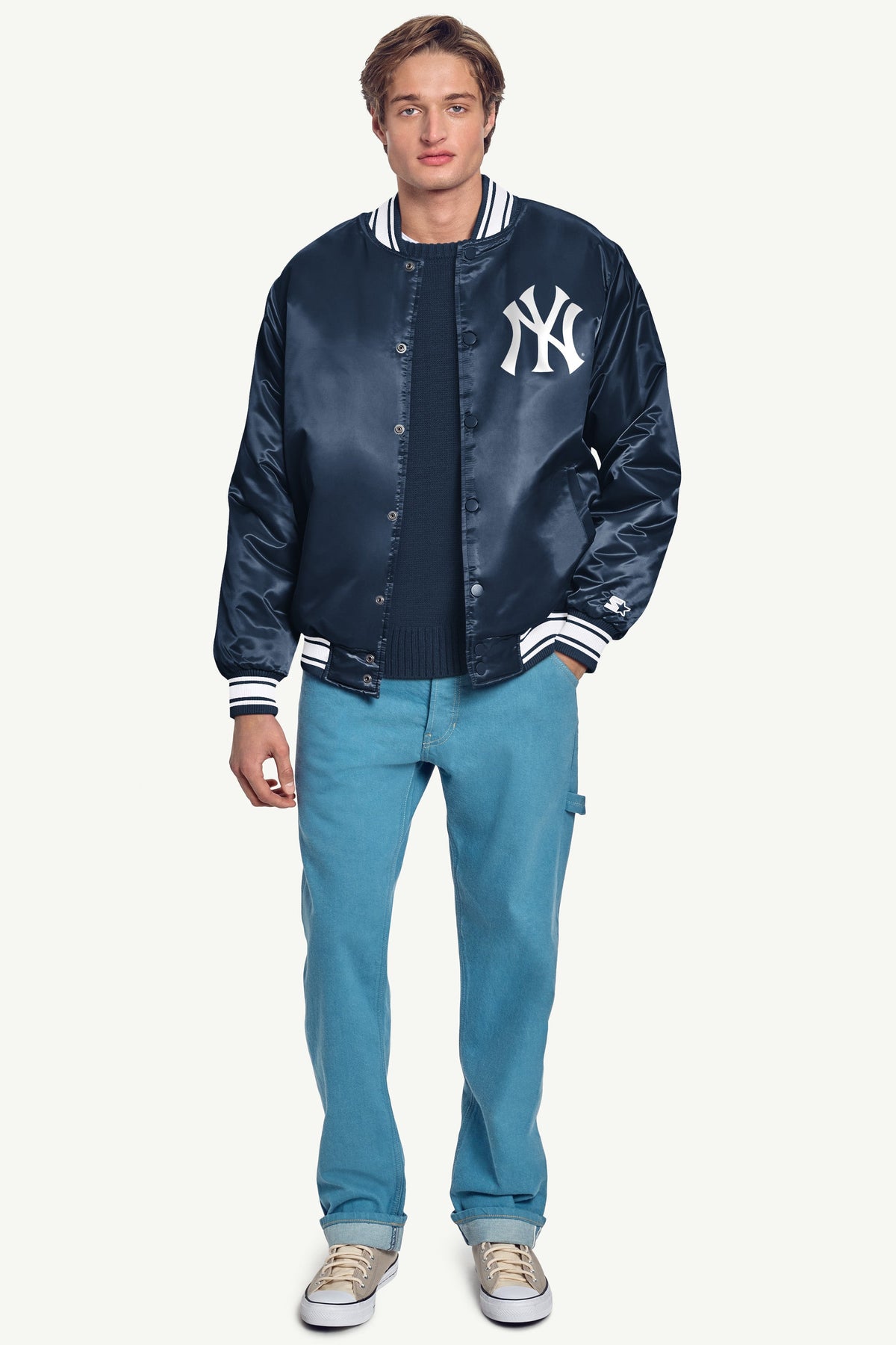 MENS NEW YORK YANKEES PRINTED HOMEPLATE SATIN VARSITY JACKET - Navy