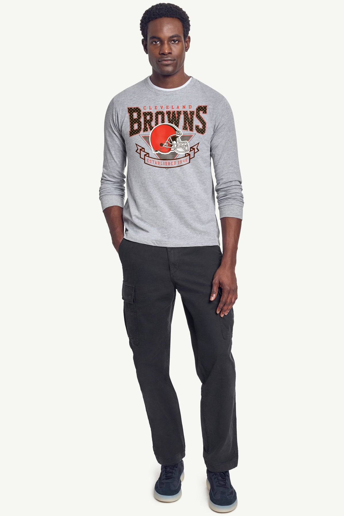 MENS CLEVELAND BROWNS 80's INSPIRED LONG SLEEVE T SHIRT - Heather Grey
