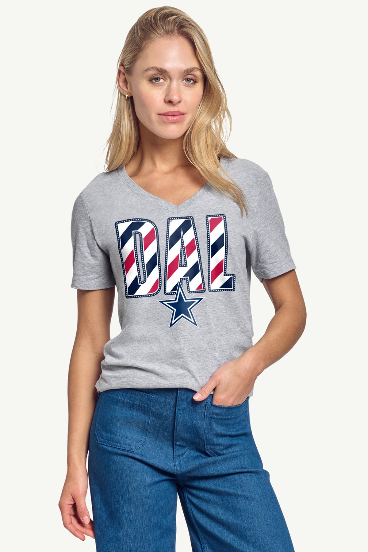 WOMENS DALLAS COWBOYS STARS AND STRIPES V NECK T SHIRT - Grey