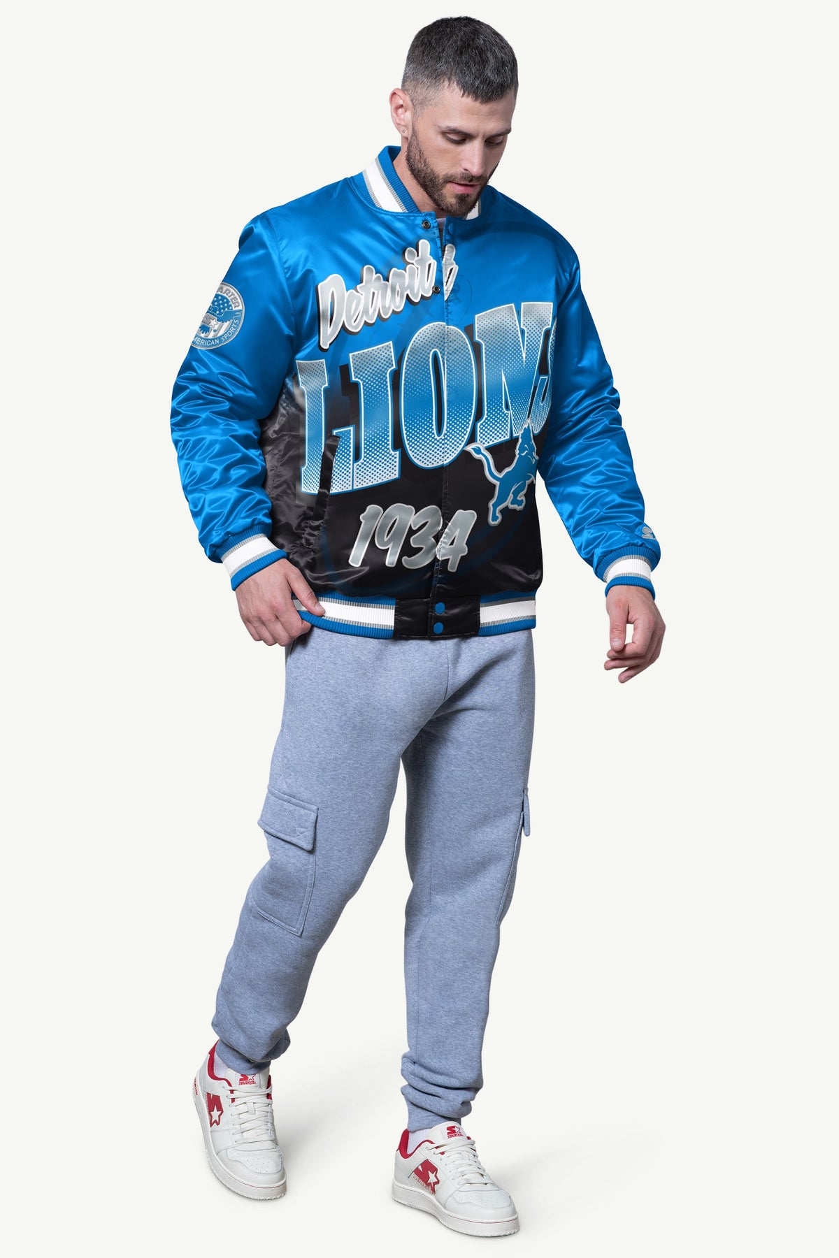 MENS DETROIT LIONS PASS RUSH SATIN VARSITY JACKET - Starter