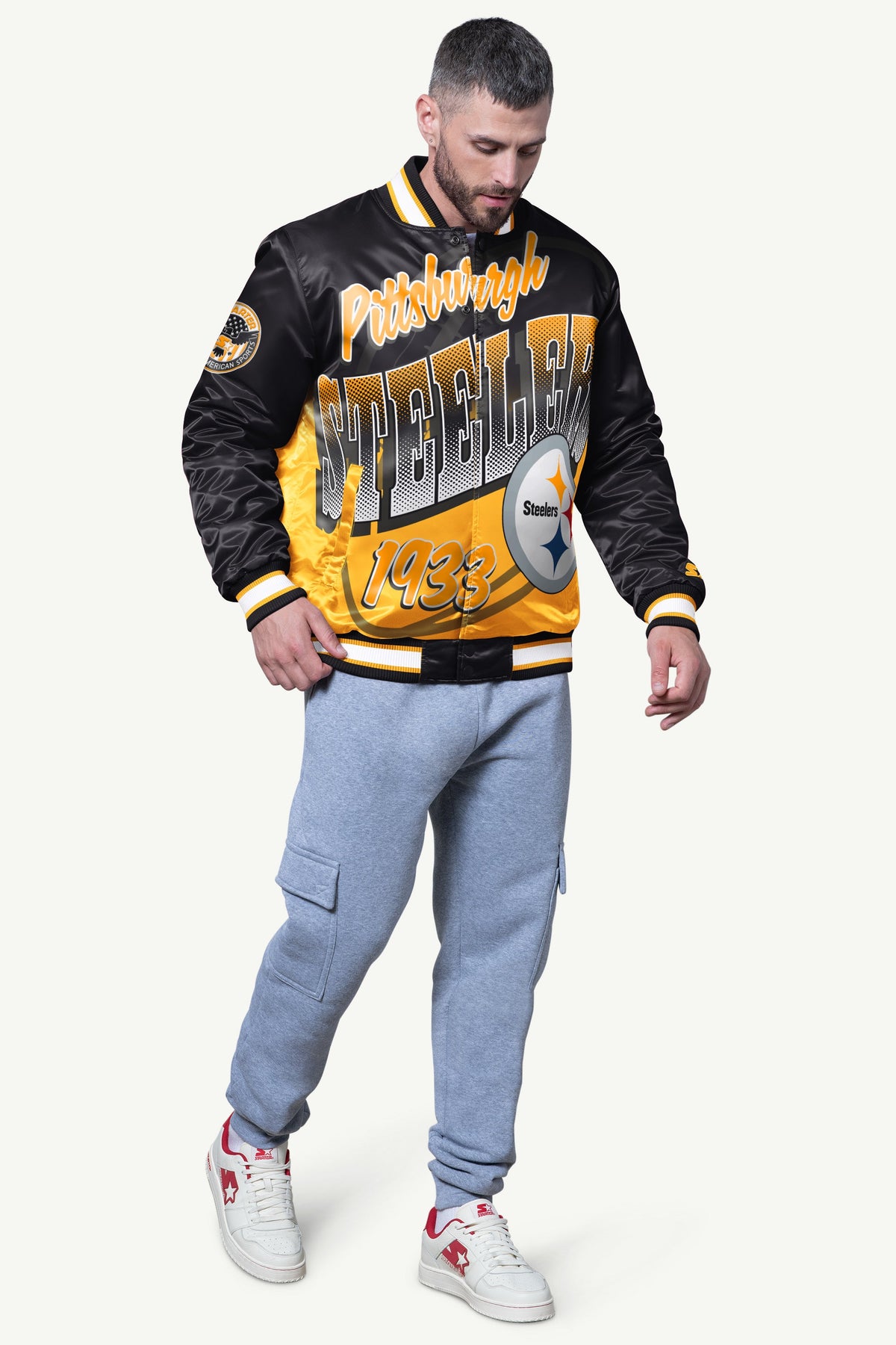 MENS PITTSBURGH STEELERS PASS RUSH SATIN VARSITY JACKET - Starter