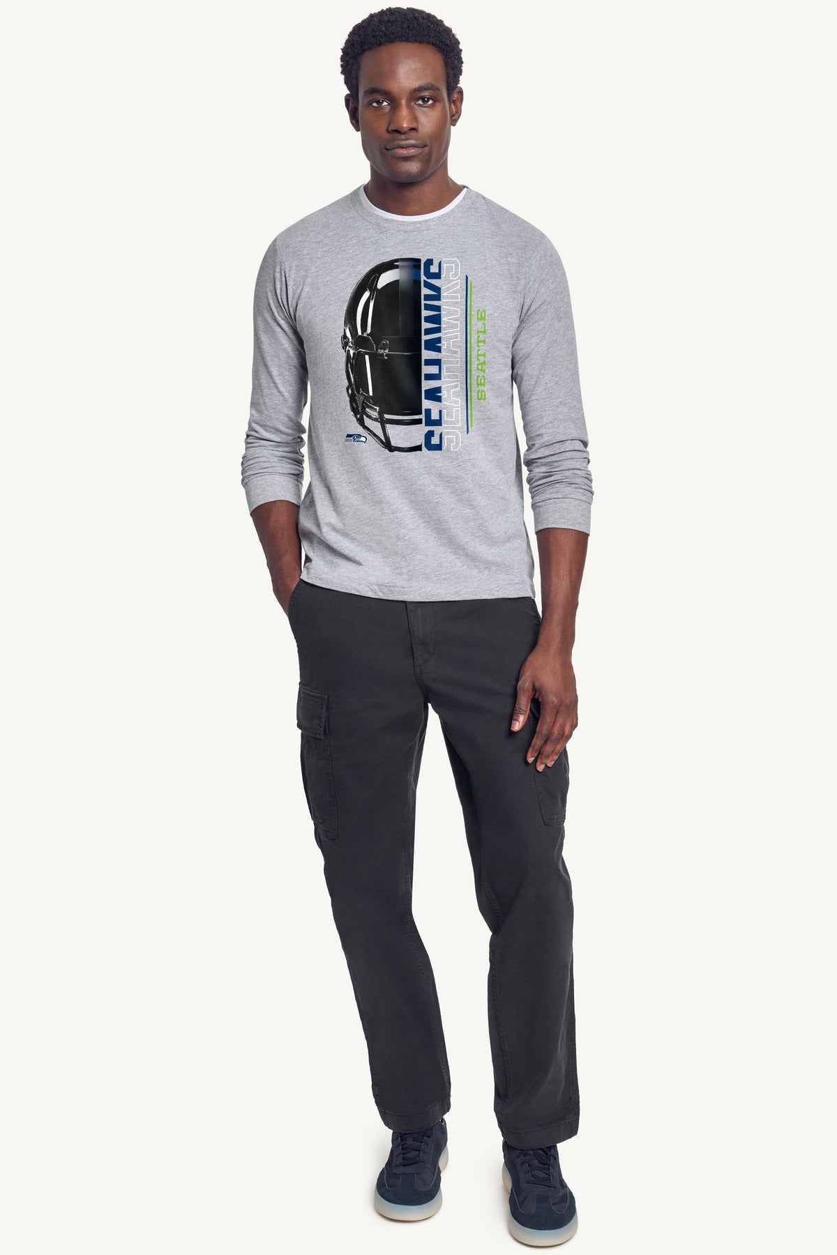 MENS SEATTLE SEAHAWKS HALF HELMET LONG SLEEVE T SHIRT - Heather Grey
