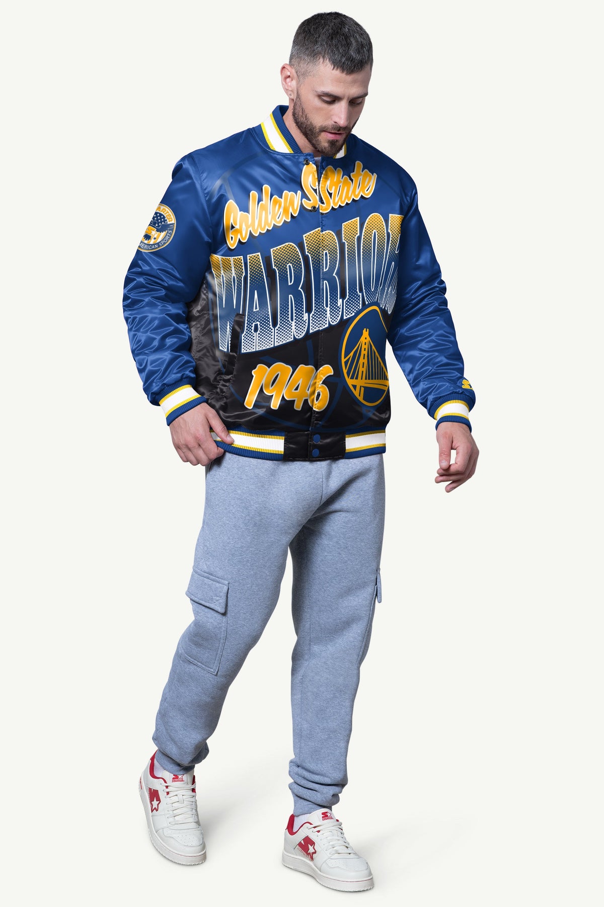 MENS GOLDEN STATE WARRIORS PASS RUSH SATIN VARSITY JACKET - Starter
