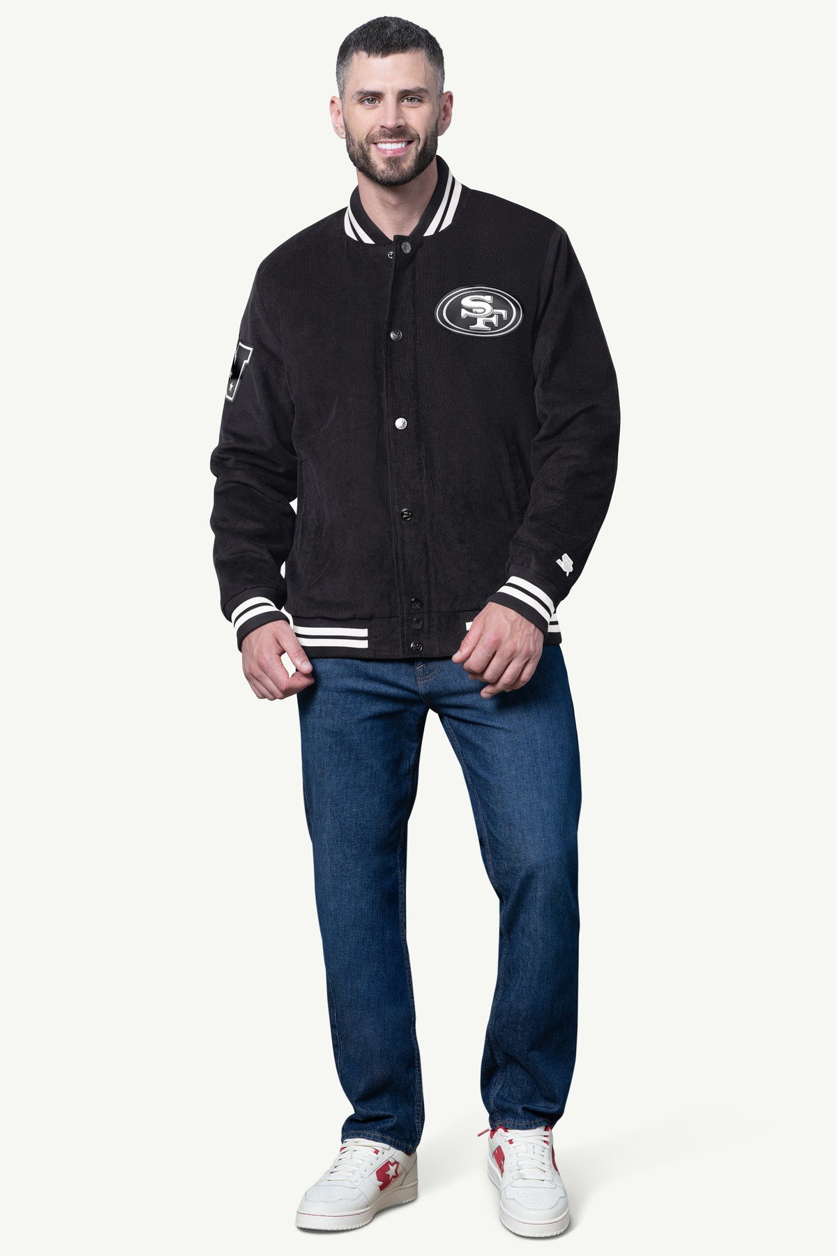 MENS SAN FRANCISCO 49ERS BLACKOUT CORDUROY VARSITY JACKET - Black