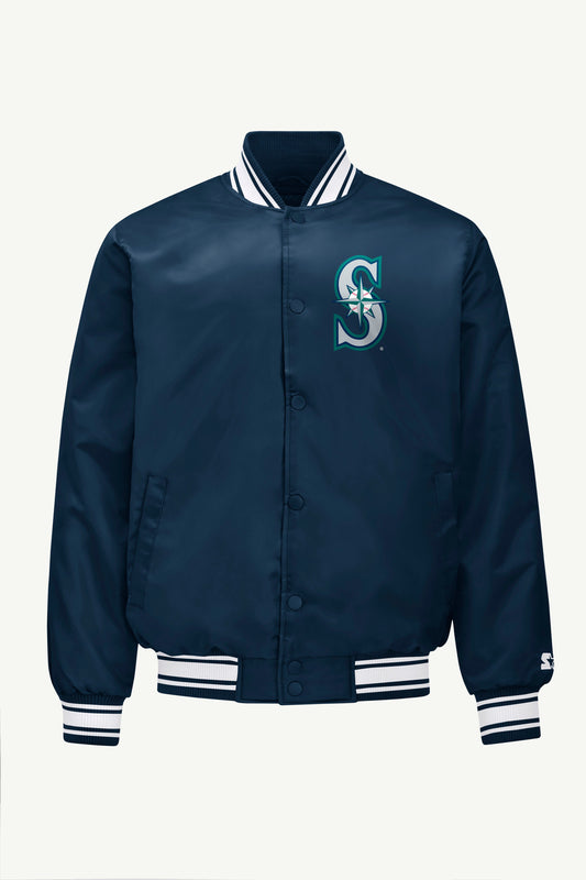 MENS SEATTLE MARINERS PRINTED HOMEPLATE SATIN VARSITY JACKET Navy | Starter