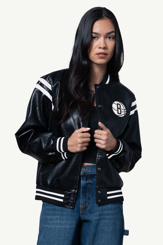 WOMENS BROOKLYN NETS FAUX LEATHER VARSITY JACKET  | Starter