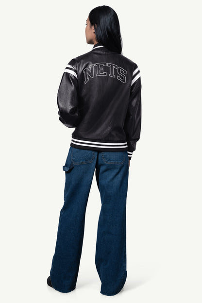 WOMENS BROOKLYN NETS FAUX LEATHER VARSITY JACKET  | Starter