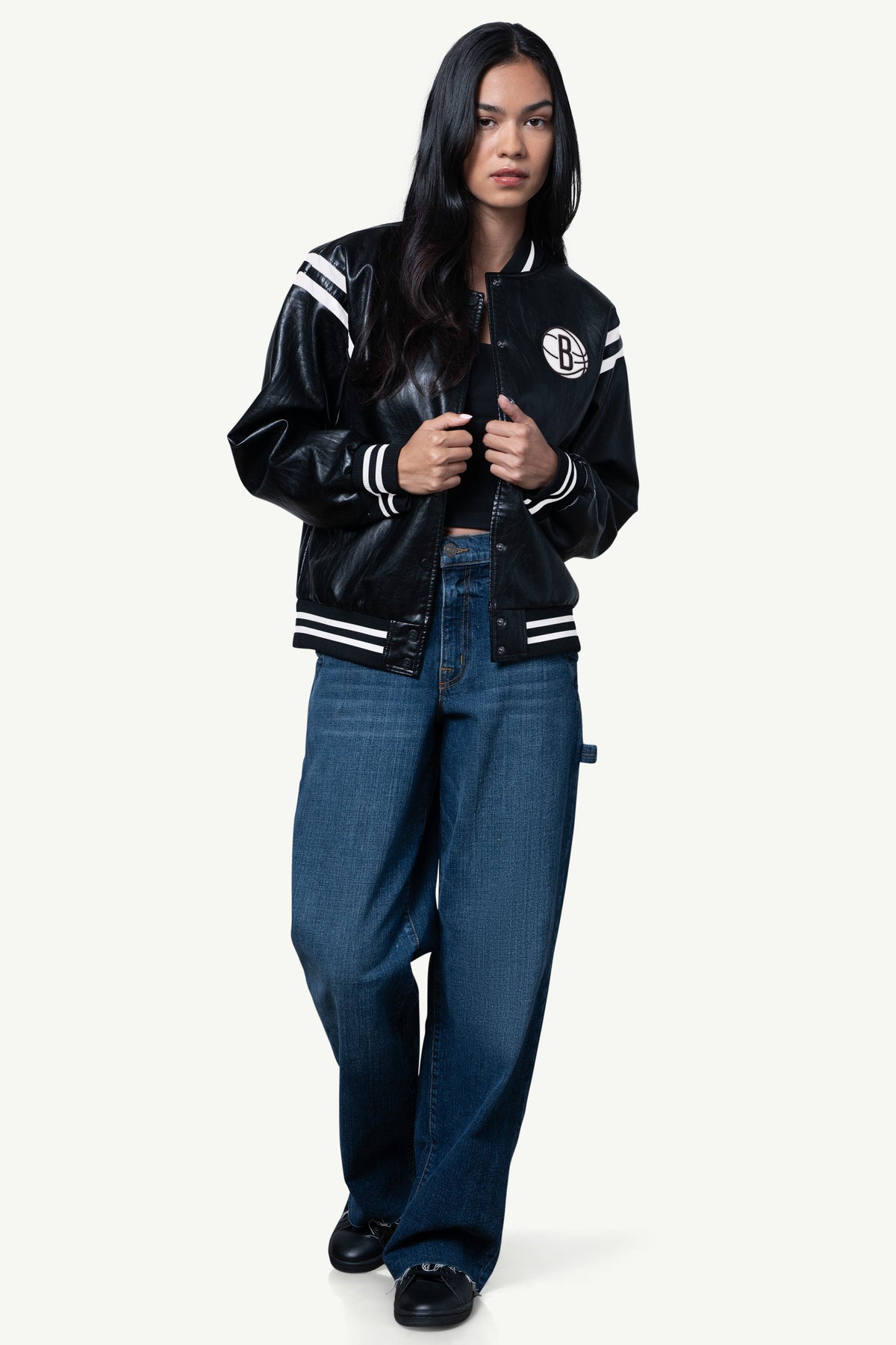 WOMENS BROOKLYN NETS FAUX LEATHER VARSITY JACKET  | Starter