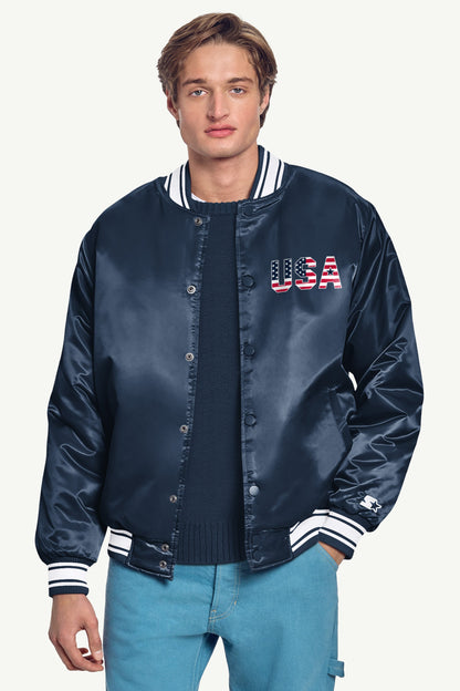MENS STARTER USA EAGLE CREST SATIN VARSITY JACKET Navy | Starter