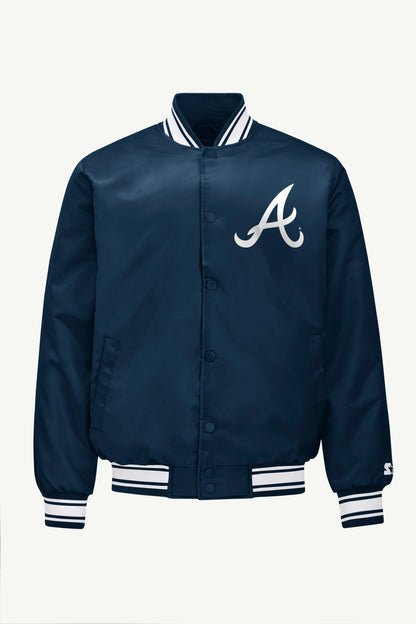 MENS ATLANTA BRAVES PRINTED HOMEPLATE SATIN VARSITY JACKET - Navy