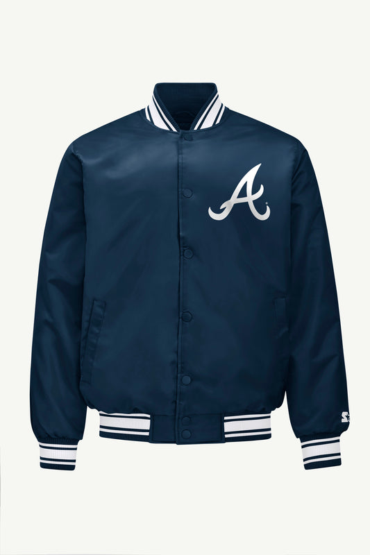 MENS ATLANTA BRAVES PRINTED HOMEPLATE SATIN VARSITY JACKET - Navy