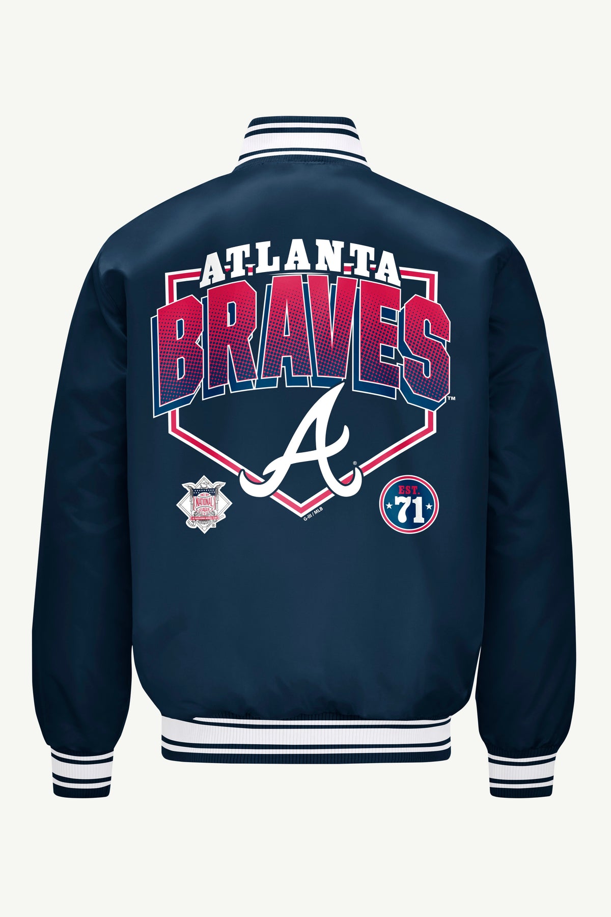 MENS ATLANTA BRAVES PRINTED HOMEPLATE SATIN VARSITY JACKET - Navy