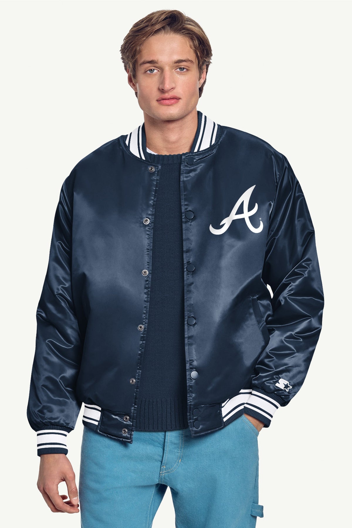 MENS ATLANTA BRAVES PRINTED HOMEPLATE SATIN VARSITY JACKET - Navy