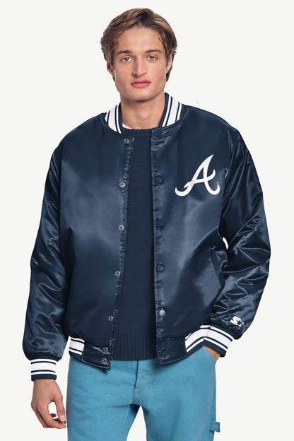 MENS ATLANTA BRAVES PRINTED HOMEPLATE SATIN VARSITY JACKET - Navy