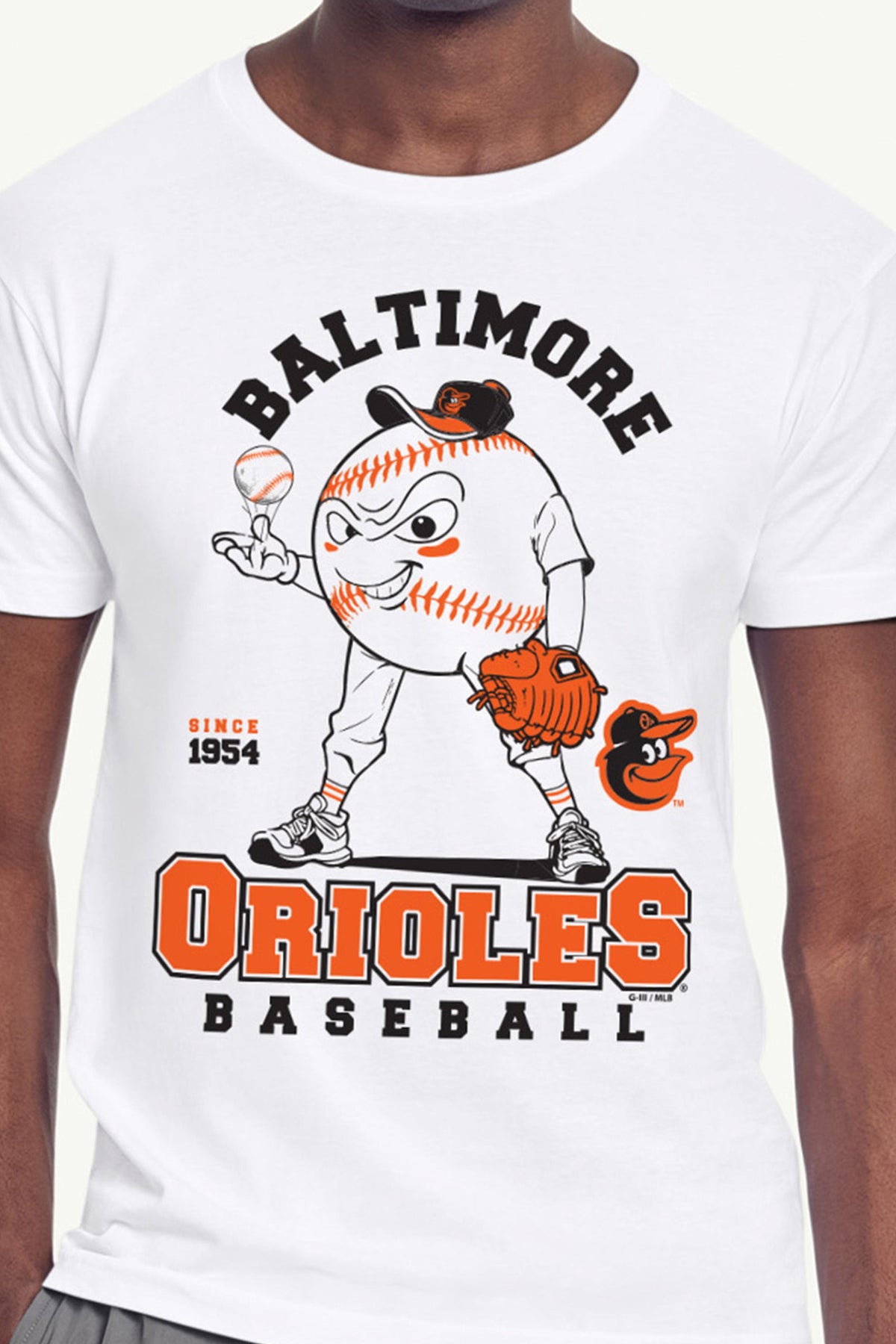 MENS BALTIMORE ORIOLES BASEBALL CHARACTER SHORT SLEEVE T SHIRT - White