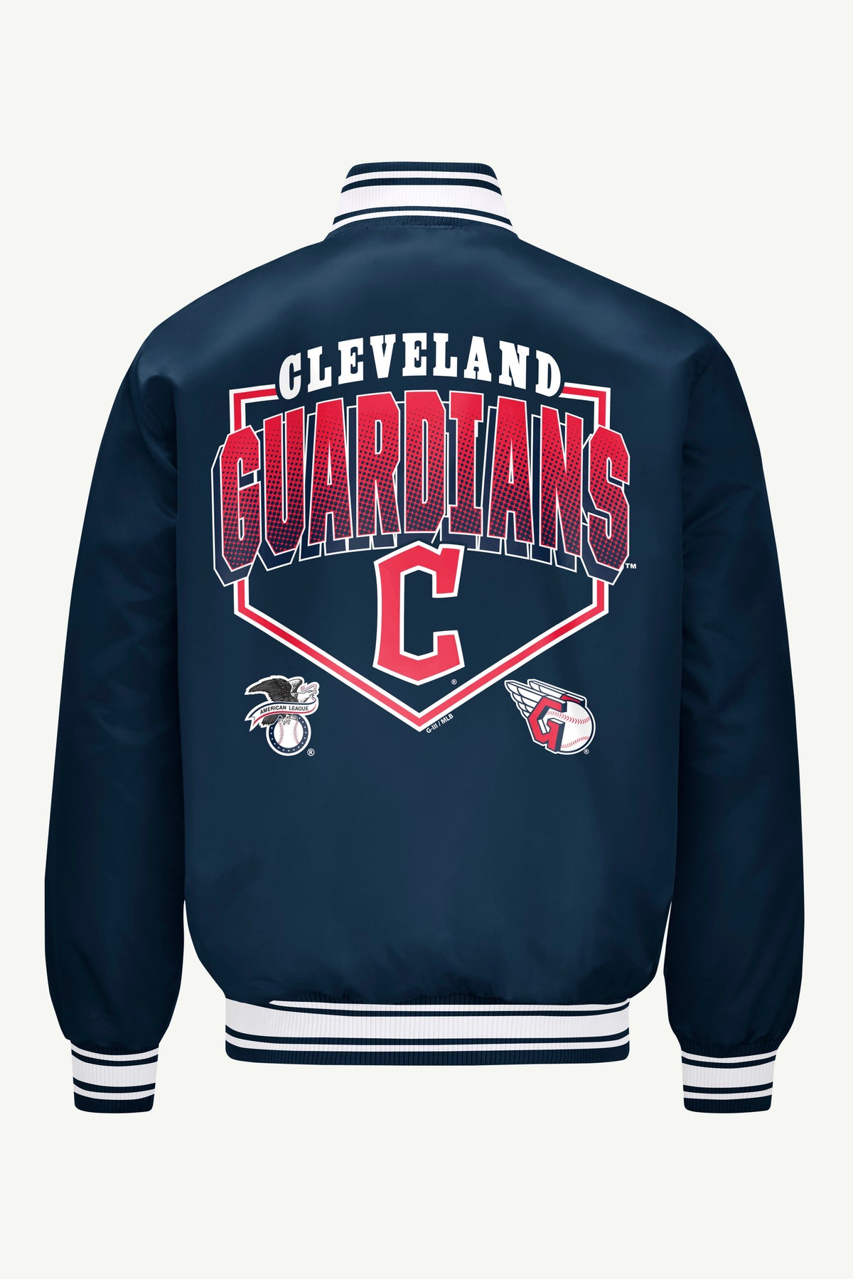 MENS CLEVELAND GUARDIANS PRINTED HOMEPLATE SATIN VARSITY JACKET - Navy