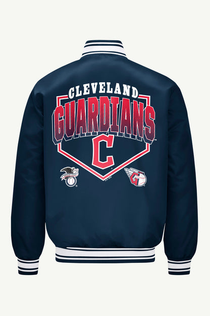 MENS CLEVELAND GUARDIANS PRINTED HOMEPLATE SATIN VARSITY JACKET - Navy