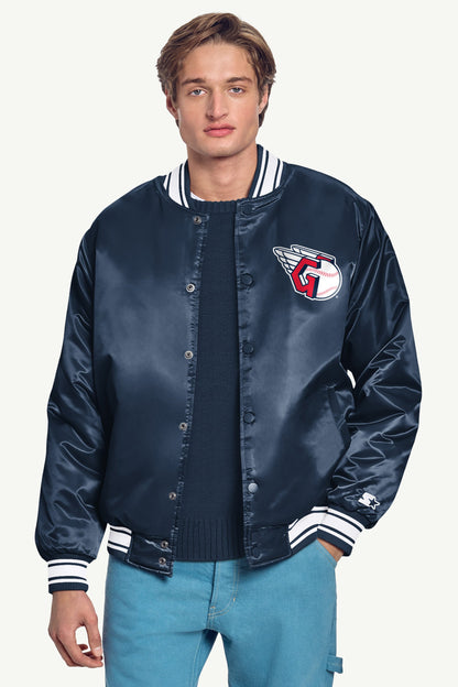 MENS CLEVELAND GUARDIANS PRINTED HOMEPLATE SATIN VARSITY JACKET - Navy