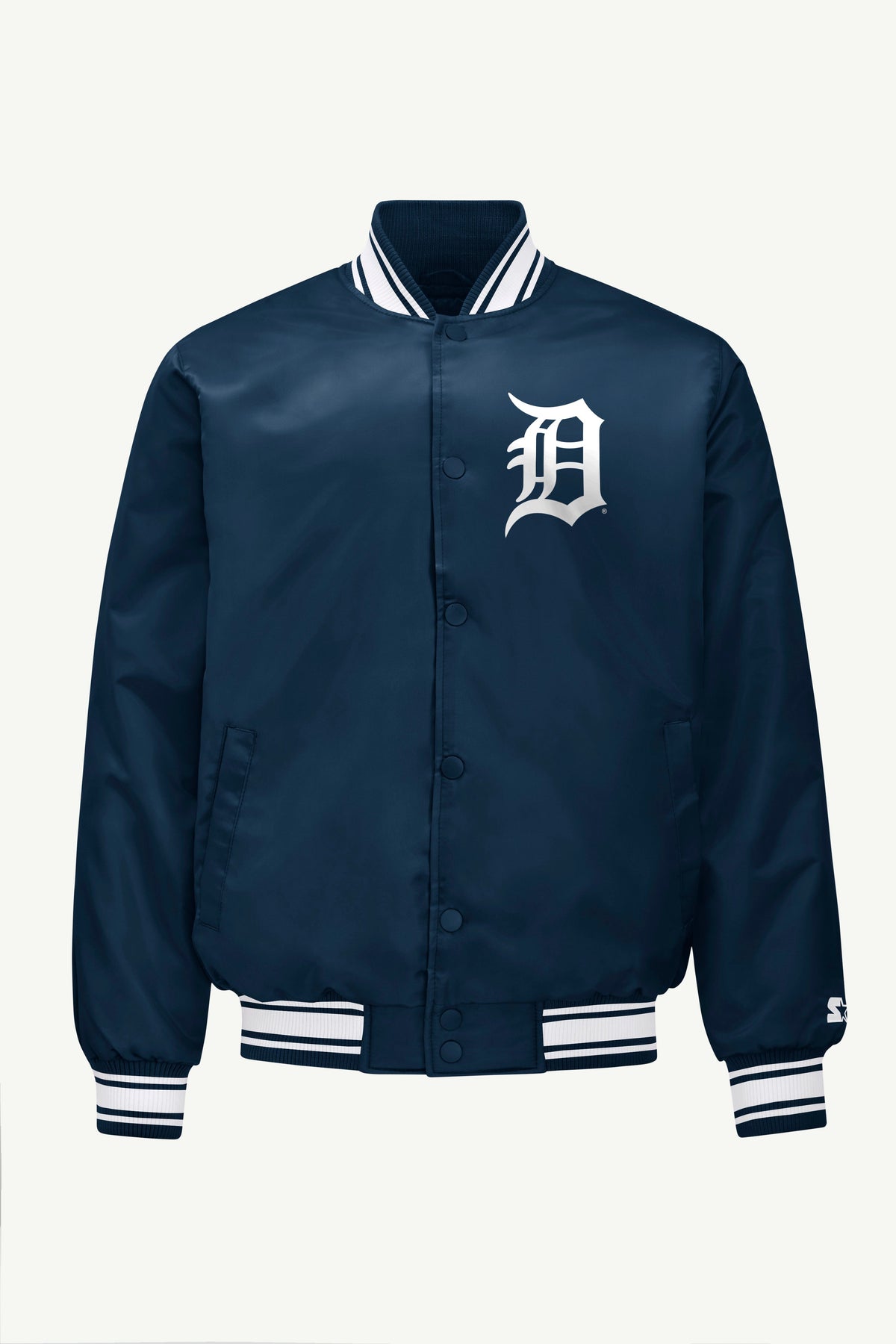 MENS DETROIT TIGERS PRINTED HOMEPLATE SATIN VARSITY JACKET - Navy