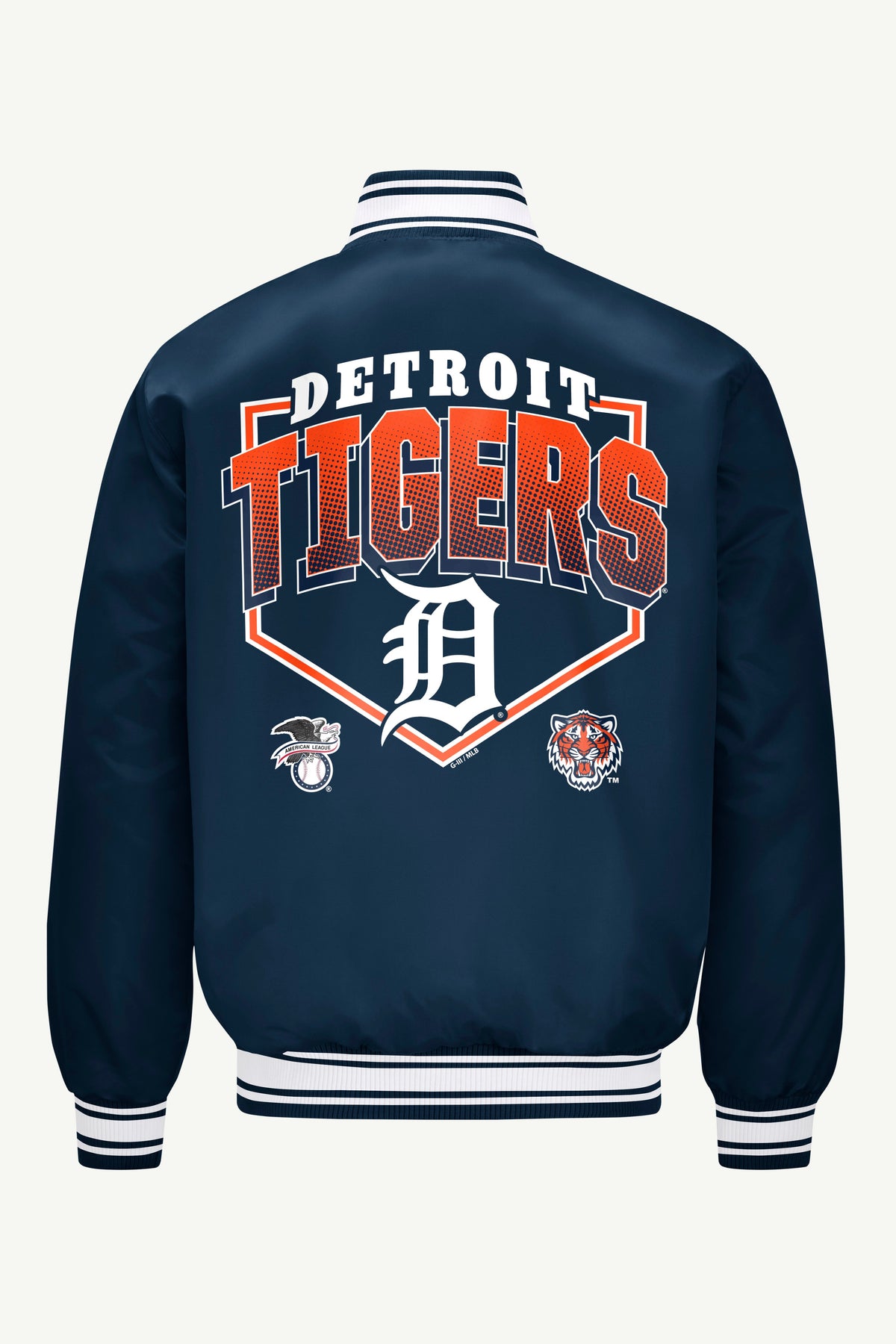 MENS DETROIT TIGERS PRINTED HOMEPLATE SATIN VARSITY JACKET - Navy