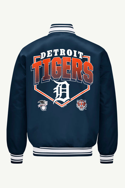 MENS DETROIT TIGERS PRINTED HOMEPLATE SATIN VARSITY JACKET - Navy