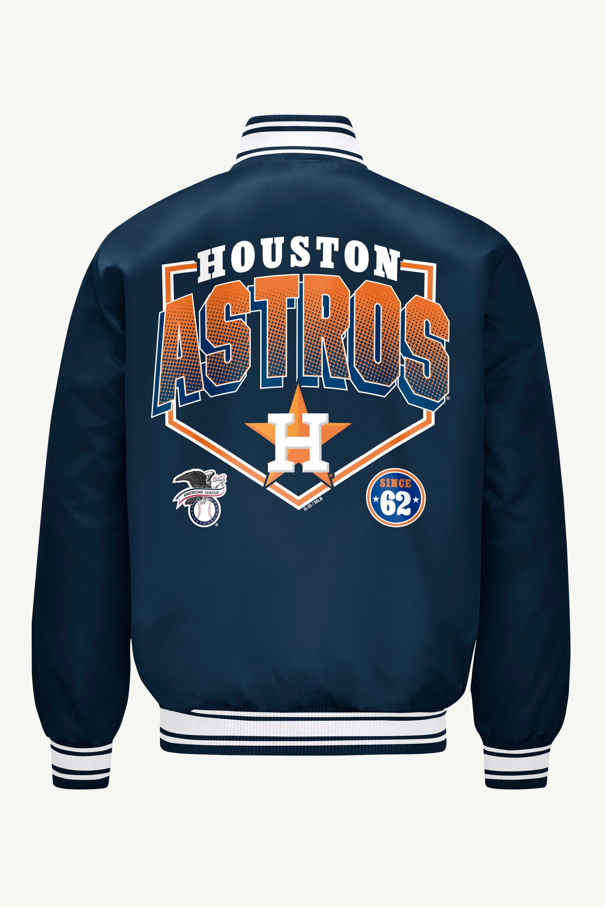 MENS HOUSTON ASTROS PRINTED HOMEPLATE SATIN VARSITY JACKET - Navy