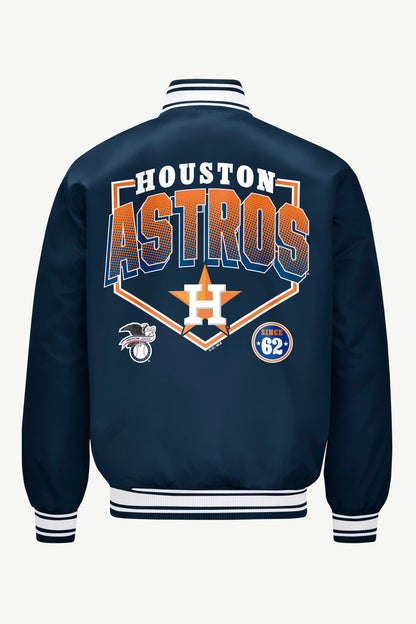 MENS HOUSTON ASTROS PRINTED HOMEPLATE SATIN VARSITY JACKET - Navy