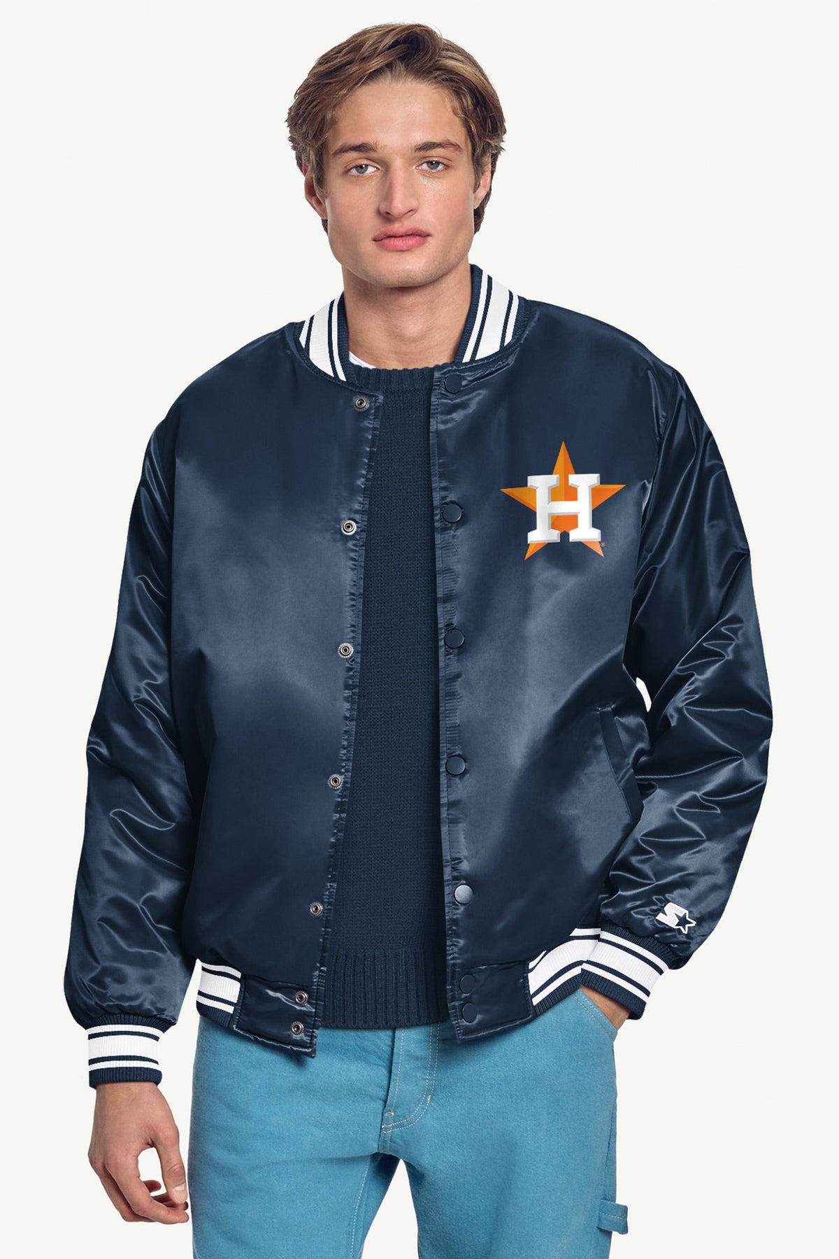 MENS HOUSTON ASTROS PRINTED HOMEPLATE SATIN VARSITY JACKET - Navy
