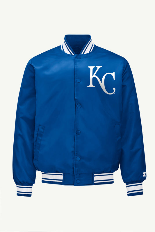 MENS KANSAS CITY ROYALS HOMEPLATE PRINTED GRAPHIC SATIN VARSITY JACKET - Royal