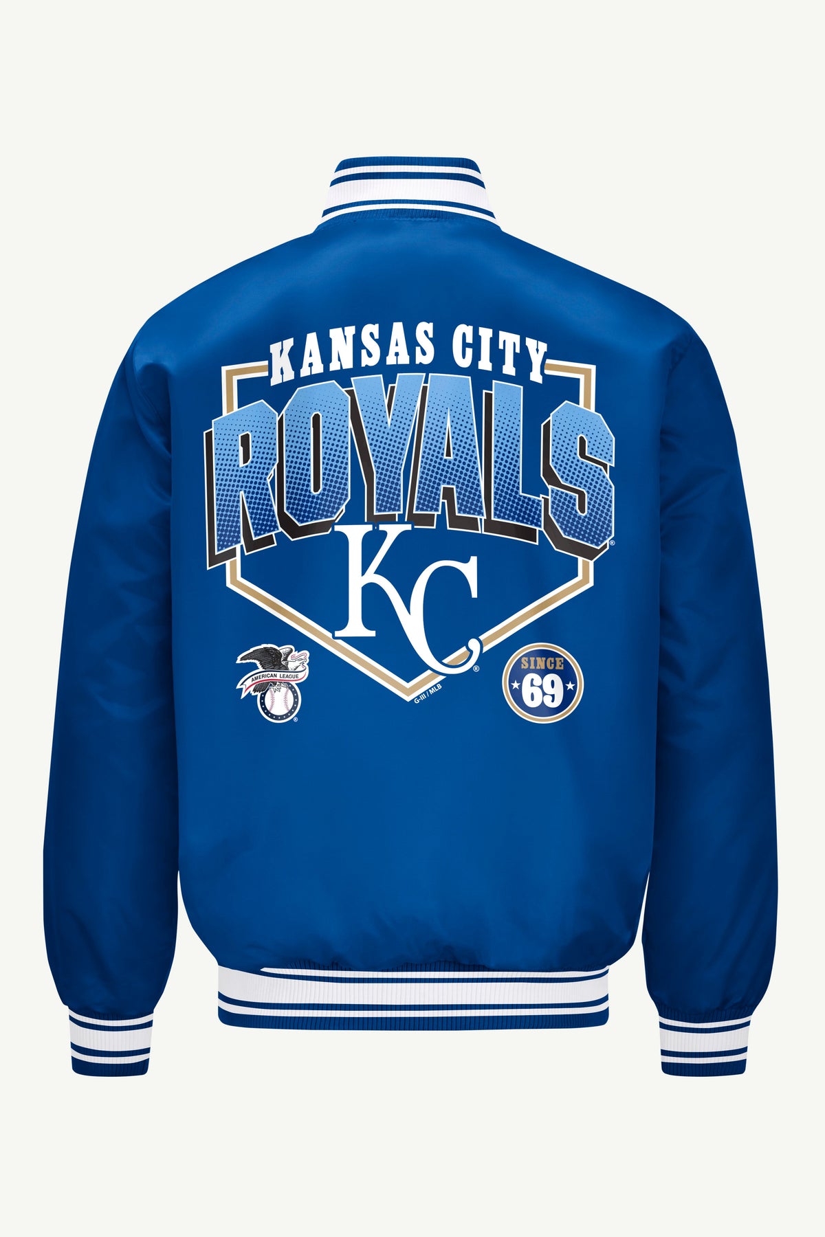 MENS KANSAS CITY ROYALS HOMEPLATE PRINTED GRAPHIC SATIN VARSITY JACKET - Royal