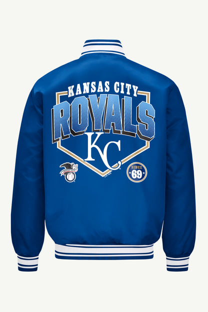MENS KANSAS CITY ROYALS HOMEPLATE PRINTED GRAPHIC SATIN VARSITY JACKET - Royal