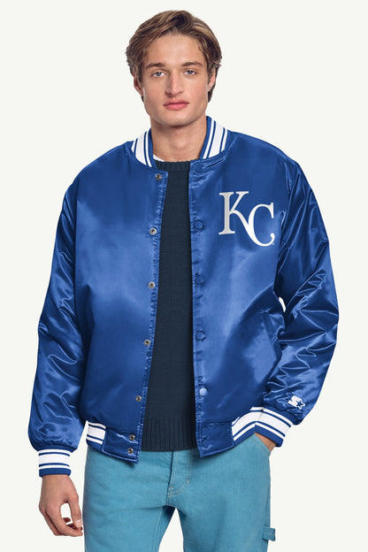 MENS KANSAS CITY ROYALS HOMEPLATE PRINTED GRAPHIC SATIN VARSITY JACKET - Royal