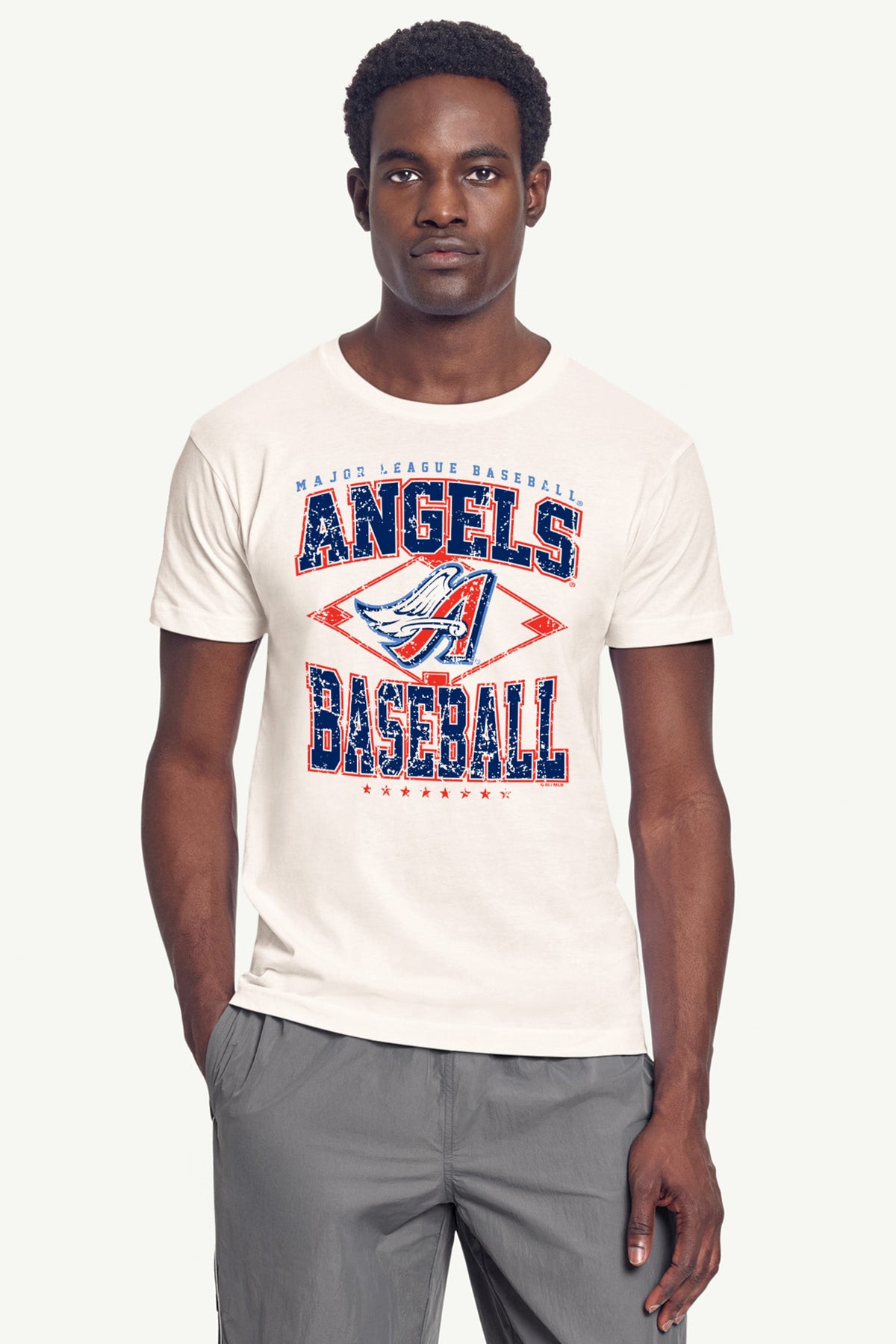MENS LOS ANGELES ANGELS DISTRESSED COOPERSTOWN DIAMOND SHORT SLEEVE T SHIRT - Vintage White