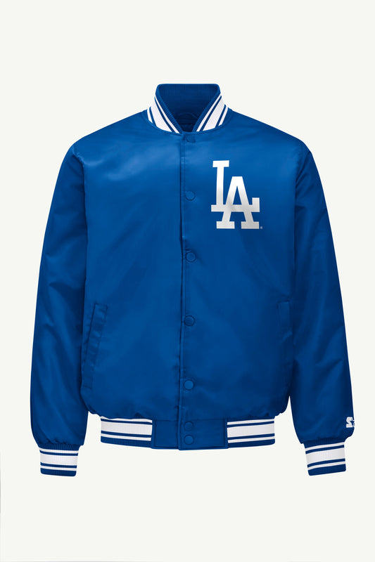MENS LOS ANGELES DODGERS HOMEPLATE PRINTED GRAPHIC SATIN VARSITY JACKET - Royal