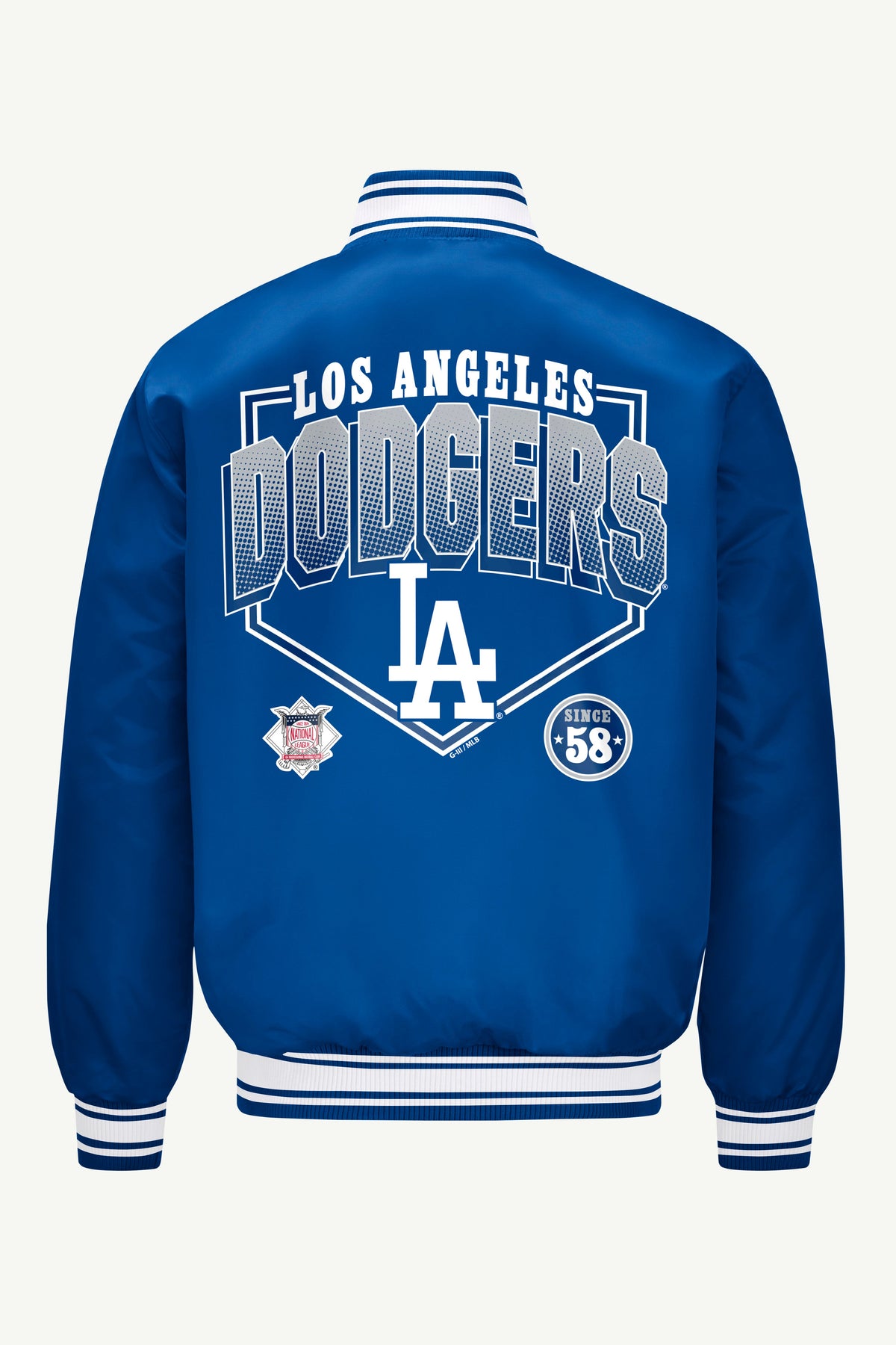 MENS LOS ANGELES DODGERS HOMEPLATE PRINTED GRAPHIC SATIN VARSITY JACKET - Royal