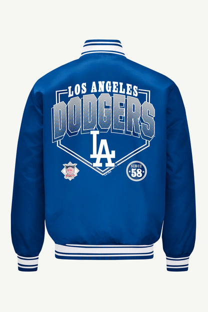 MENS LOS ANGELES DODGERS HOMEPLATE PRINTED GRAPHIC SATIN VARSITY JACKET - Royal