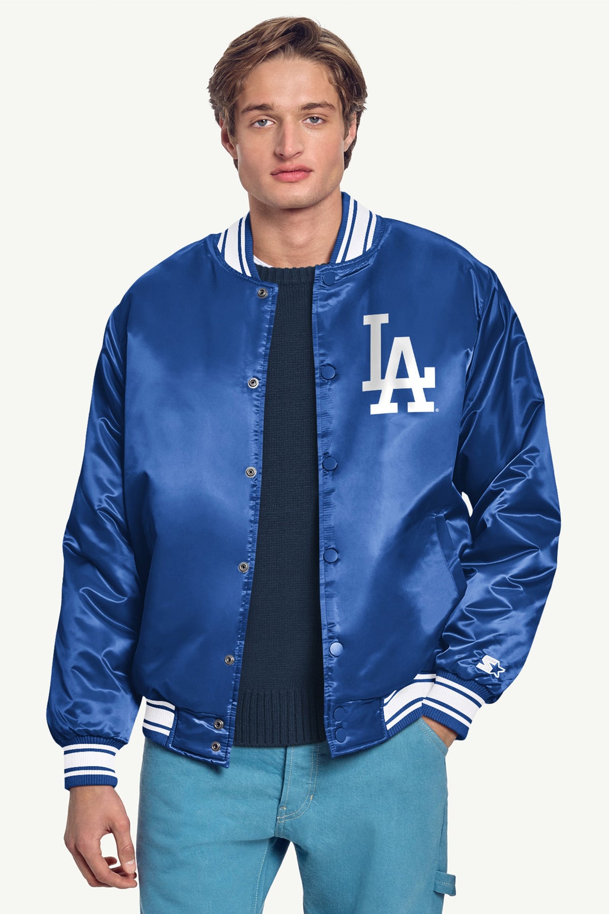 MENS LOS ANGELES DODGERS HOMEPLATE PRINTED GRAPHIC SATIN VARSITY JACKET - Royal