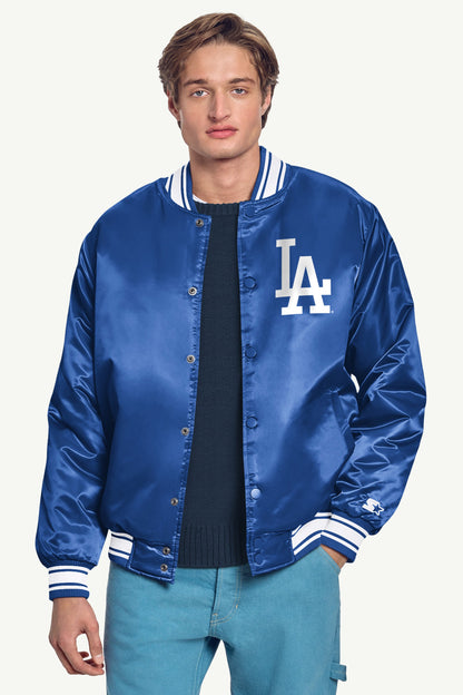 MENS LOS ANGELES DODGERS HOMEPLATE PRINTED GRAPHIC SATIN VARSITY JACKET - Royal
