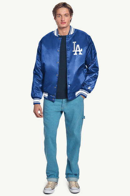 MENS LOS ANGELES DODGERS HOMEPLATE PRINTED GRAPHIC SATIN VARSITY JACKET - Royal