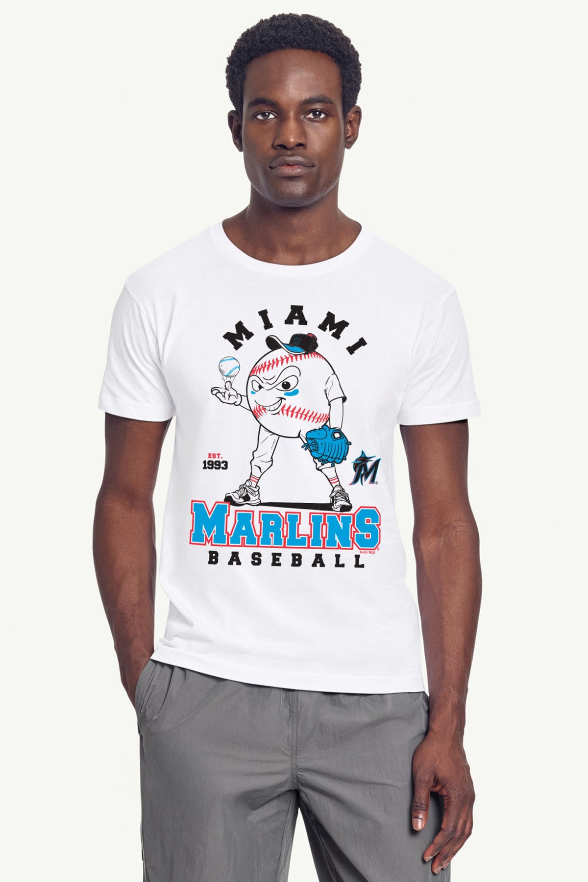 MENS MIAMI MARLINS BASEBALL CHARACTER SHORT SLEEVE T SHIRT - White