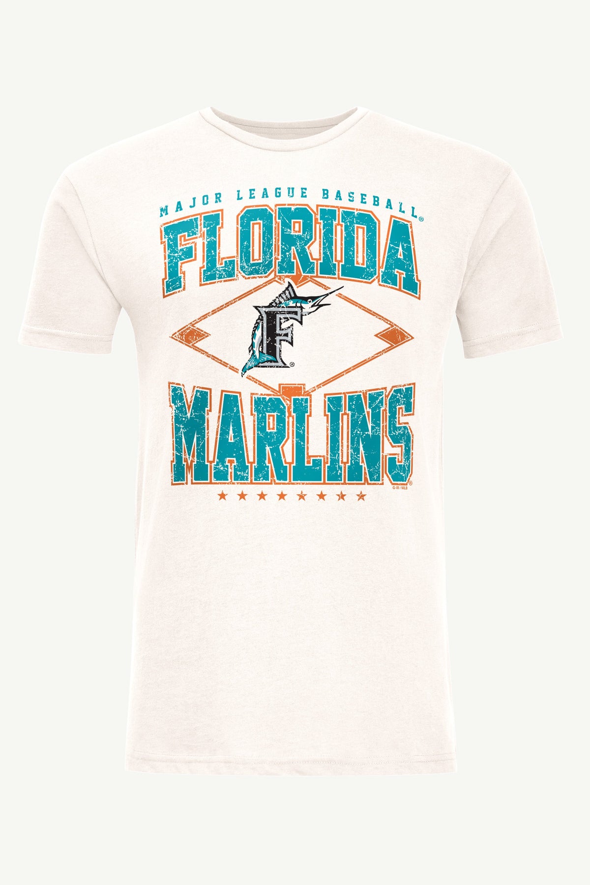 MENS MIAMI MARLINS DISTRESSED COOPERSTOWN DIAMOND SHORT SLEEVE T SHIRT - Vintage White