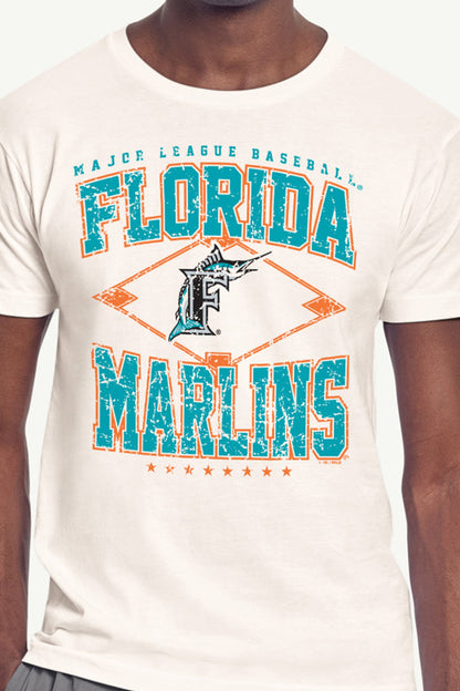 MENS MIAMI MARLINS DISTRESSED COOPERSTOWN DIAMOND SHORT SLEEVE T SHIRT - Vintage White