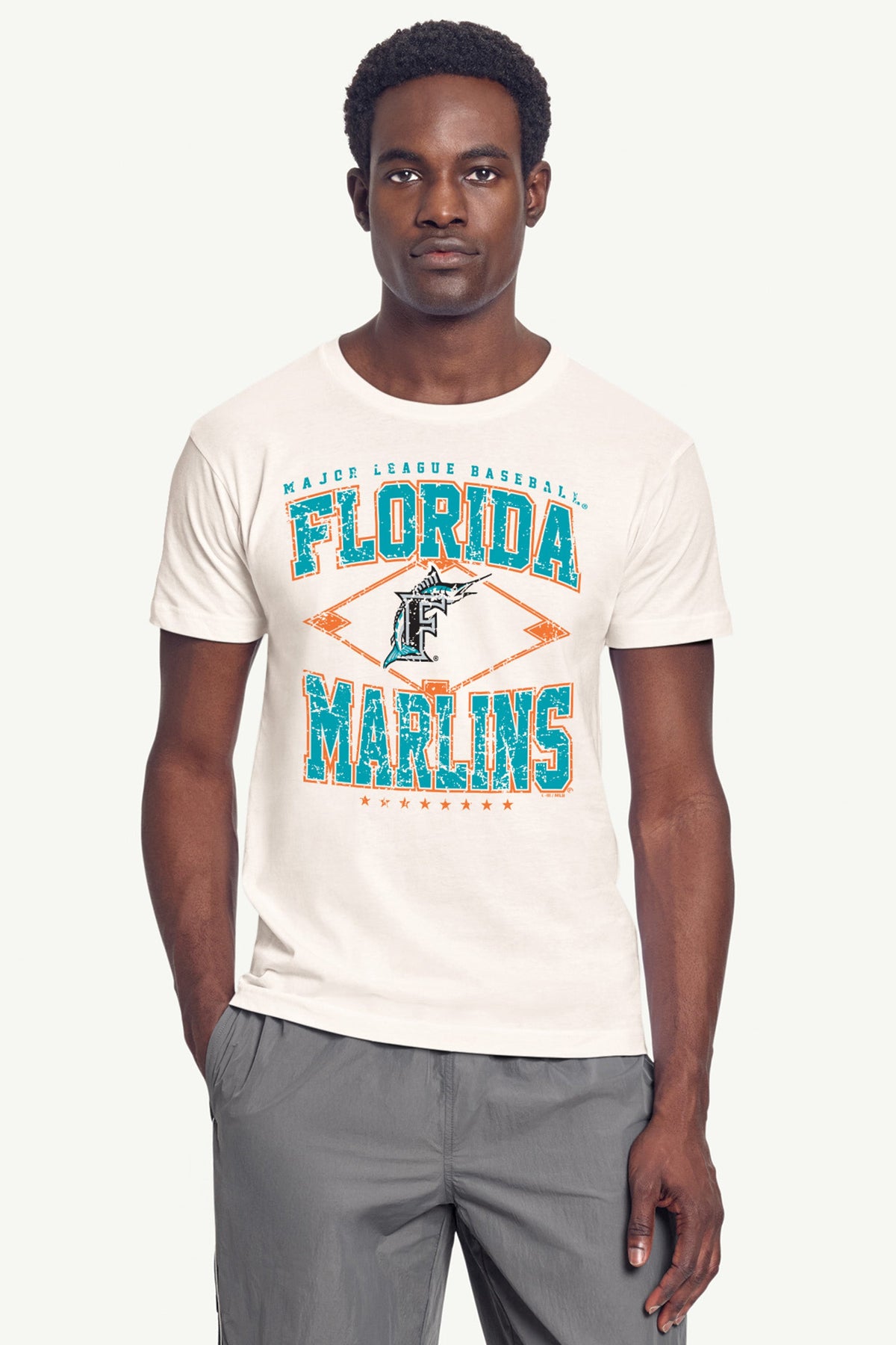 MENS MIAMI MARLINS DISTRESSED COOPERSTOWN DIAMOND SHORT SLEEVE T SHIRT - Vintage White