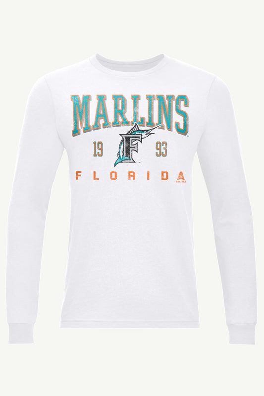 MENS MIAMI MARLINS RETRO LONG SLEEVE T SHIRT - White