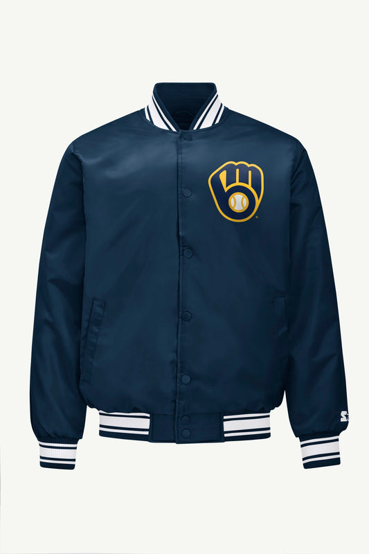 MENS MILWAUKEE BREWERS PRINTED HOMEPLATE SATIN VARSITY JACKET - Navy