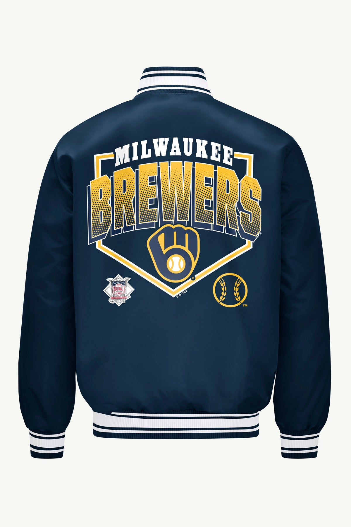 MENS MILWAUKEE BREWERS PRINTED HOMEPLATE SATIN VARSITY JACKET - Navy