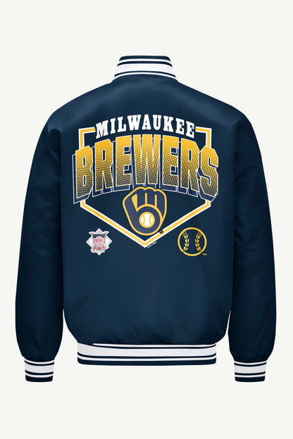 MENS MILWAUKEE BREWERS PRINTED HOMEPLATE SATIN VARSITY JACKET - Navy