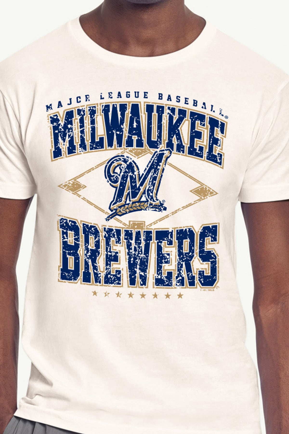 MENS MILWAUKEE BREWERS DISTRESSED COOPERSTOWN DIAMOND SHORT SLEEVE T SHIRT - Vintage White