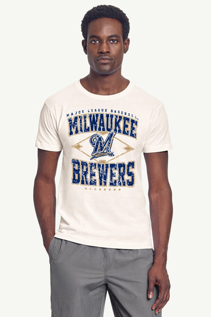 MENS MILWAUKEE BREWERS DISTRESSED COOPERSTOWN DIAMOND SHORT SLEEVE T SHIRT - Vintage White