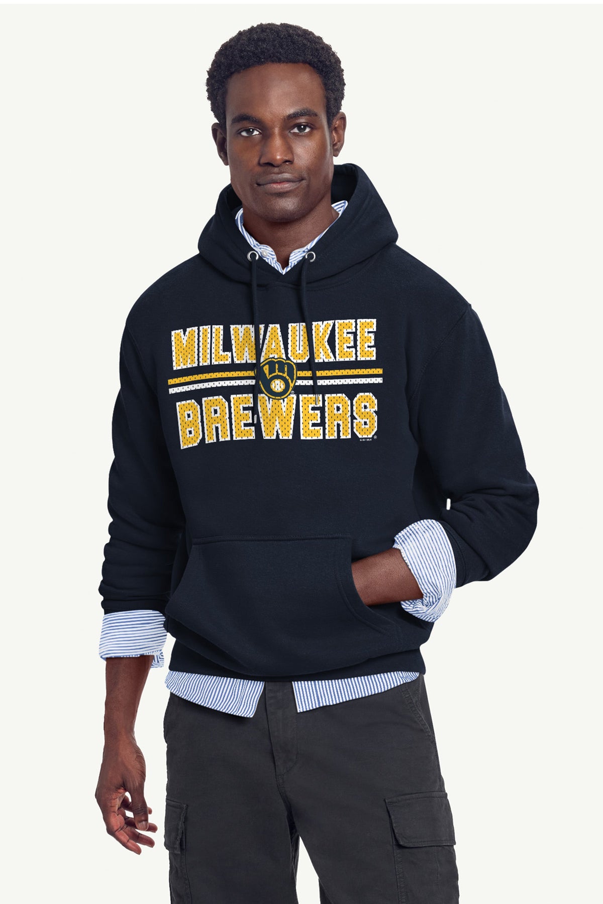 MENS MILWAUKEE BREWERS MESH LOOK HOODIE - Navy